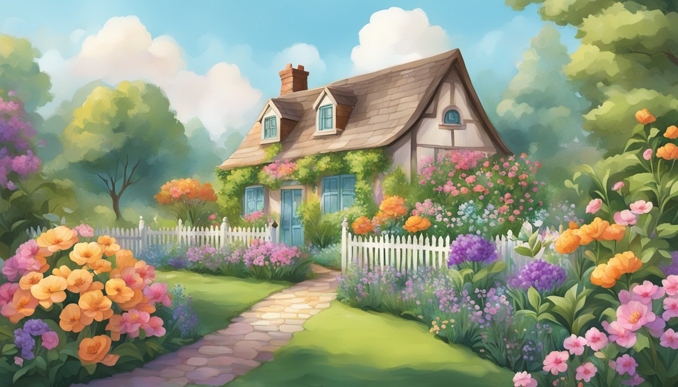 A vibrant garden with blooming flowers and a charming cottage, featuring the sign "Chloe Brand" in elegant script