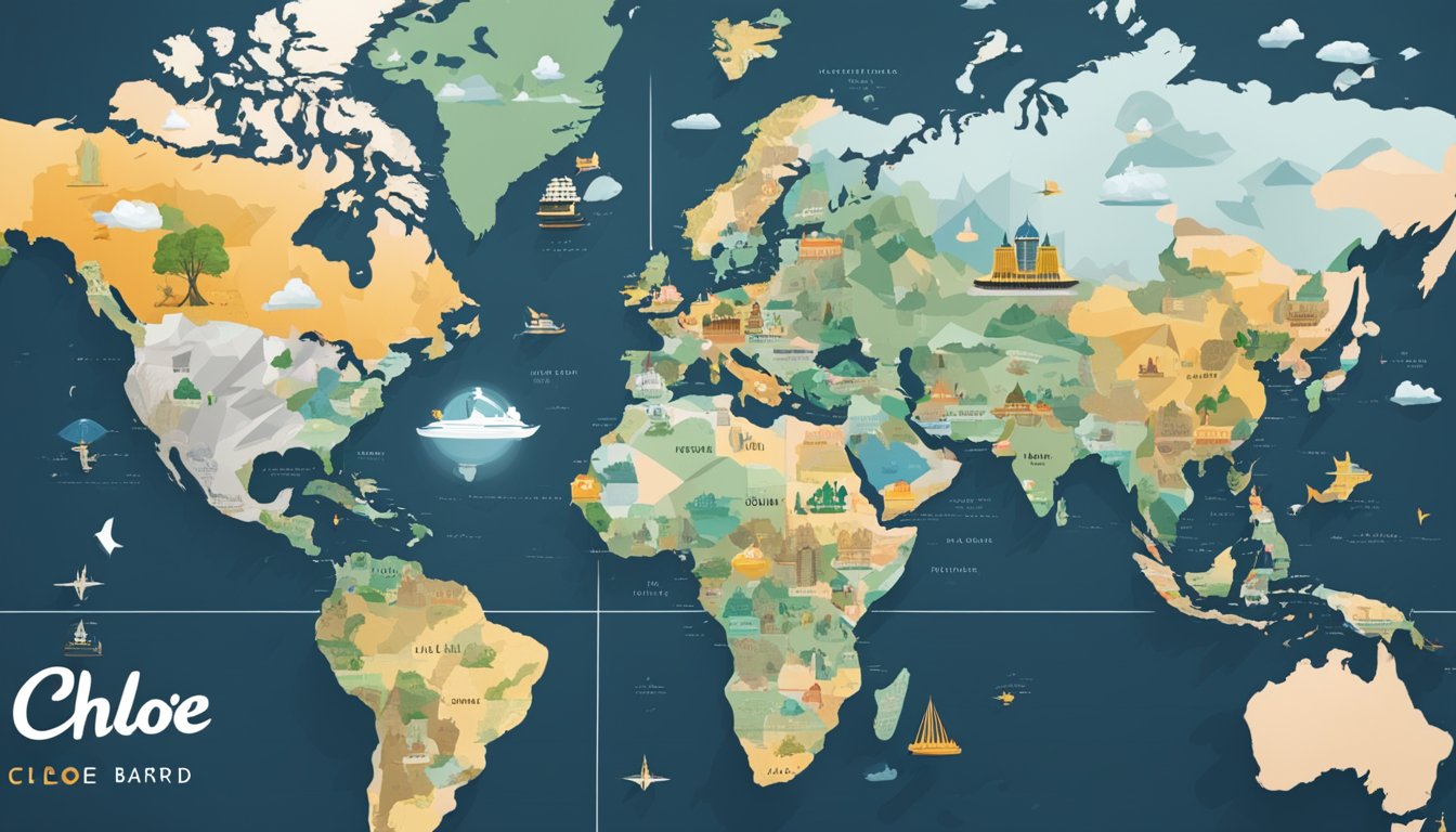 A world map with the Chloe brand logo spreading across continents and connecting with various international landmarks and symbols