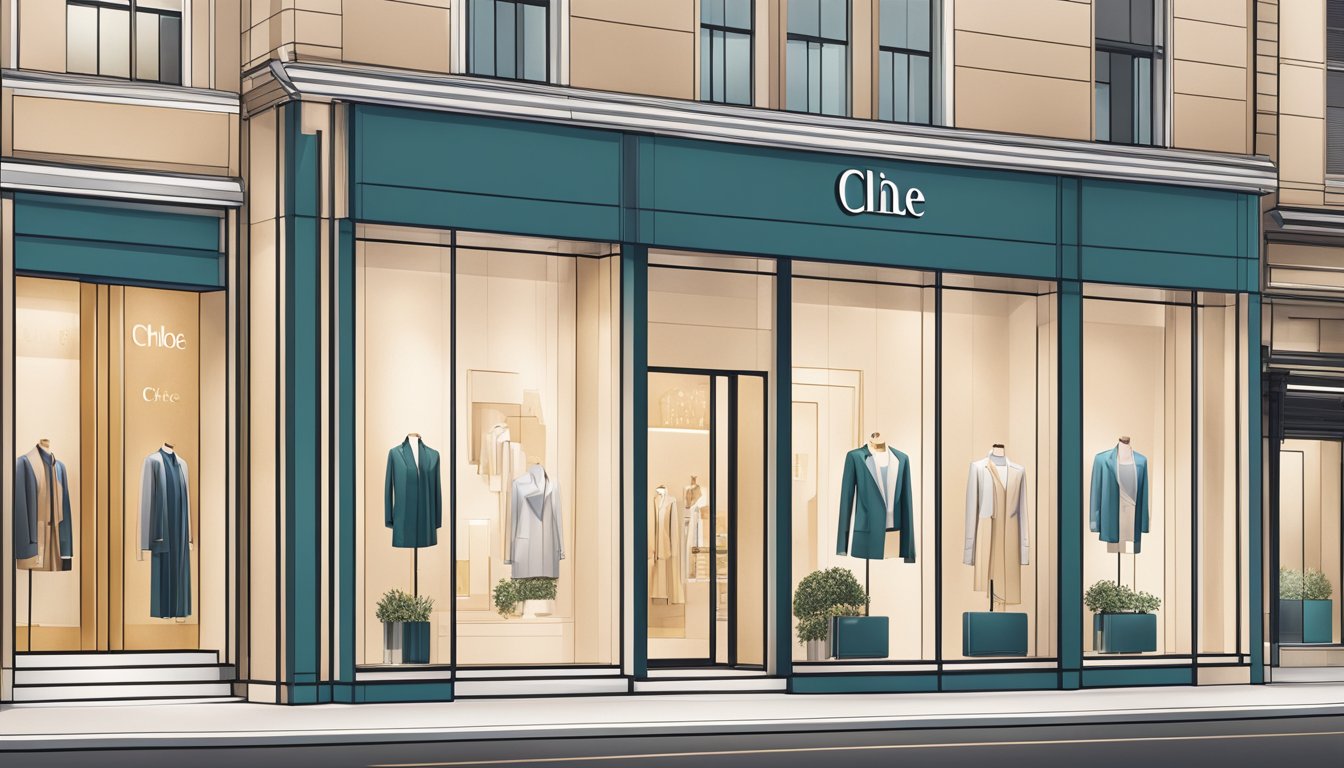 A sleek, futuristic storefront with bold, minimalist branding and high-tech displays showcasing the latest Chloé products