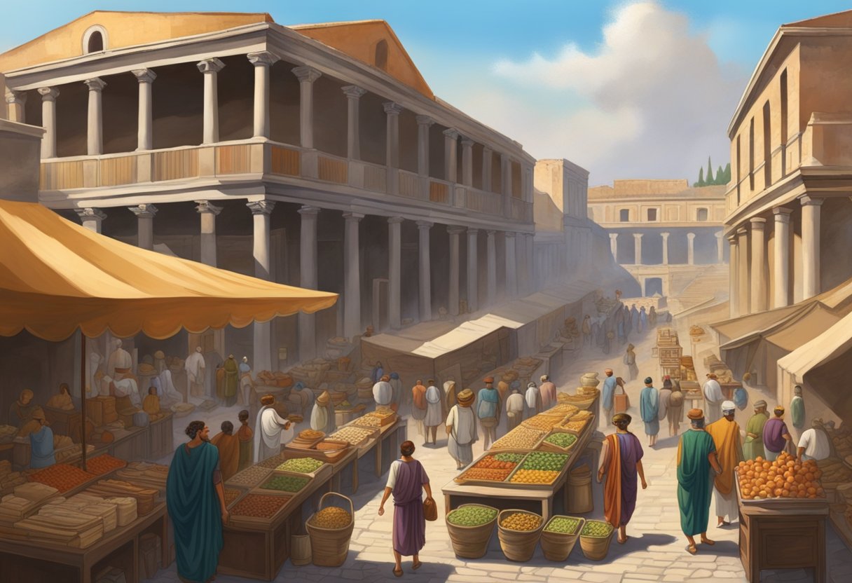 The bustling Lupanar of Pompeii, with its vibrant market stalls and busy merchants, reflects the economic prosperity of the ancient city