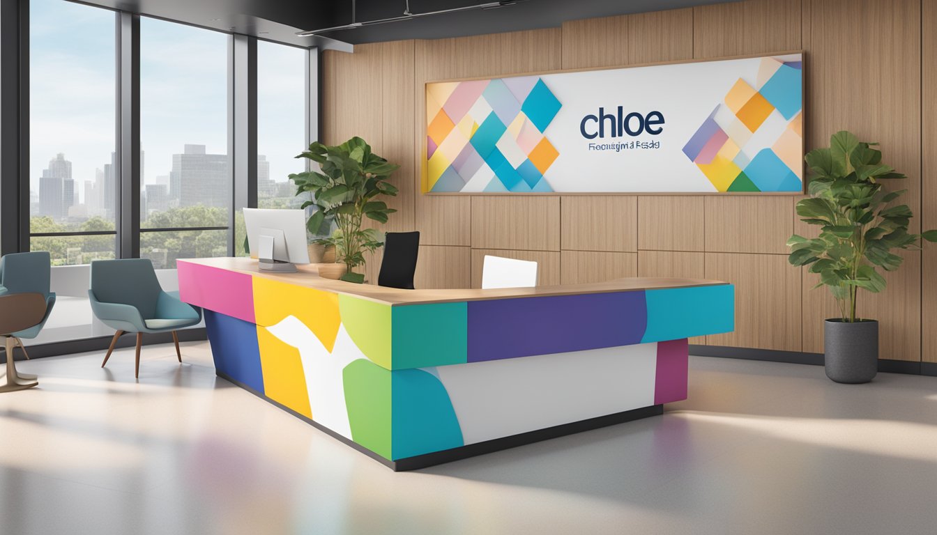 A stack of colorful "Frequently Asked Questions" pamphlets with the Chloe brand logo on a sleek, modern reception desk
