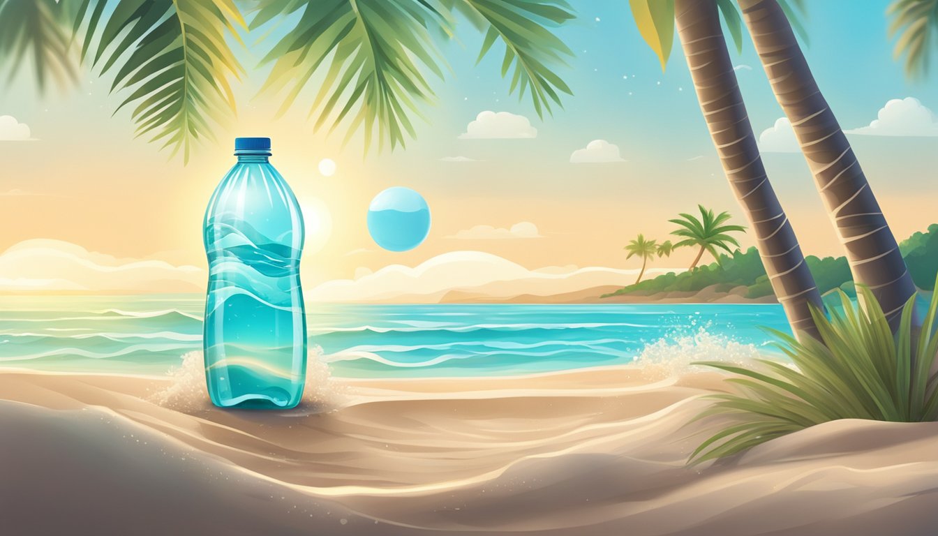 A clear plastic bottle of Aqua water sits on a beach with waves crashing in the background. The sun is shining, and palm trees sway in the breeze