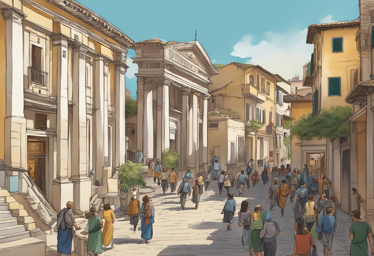 A bustling street with ancient Roman architecture, a sign reading "Lupanar" above a doorway, and people walking by