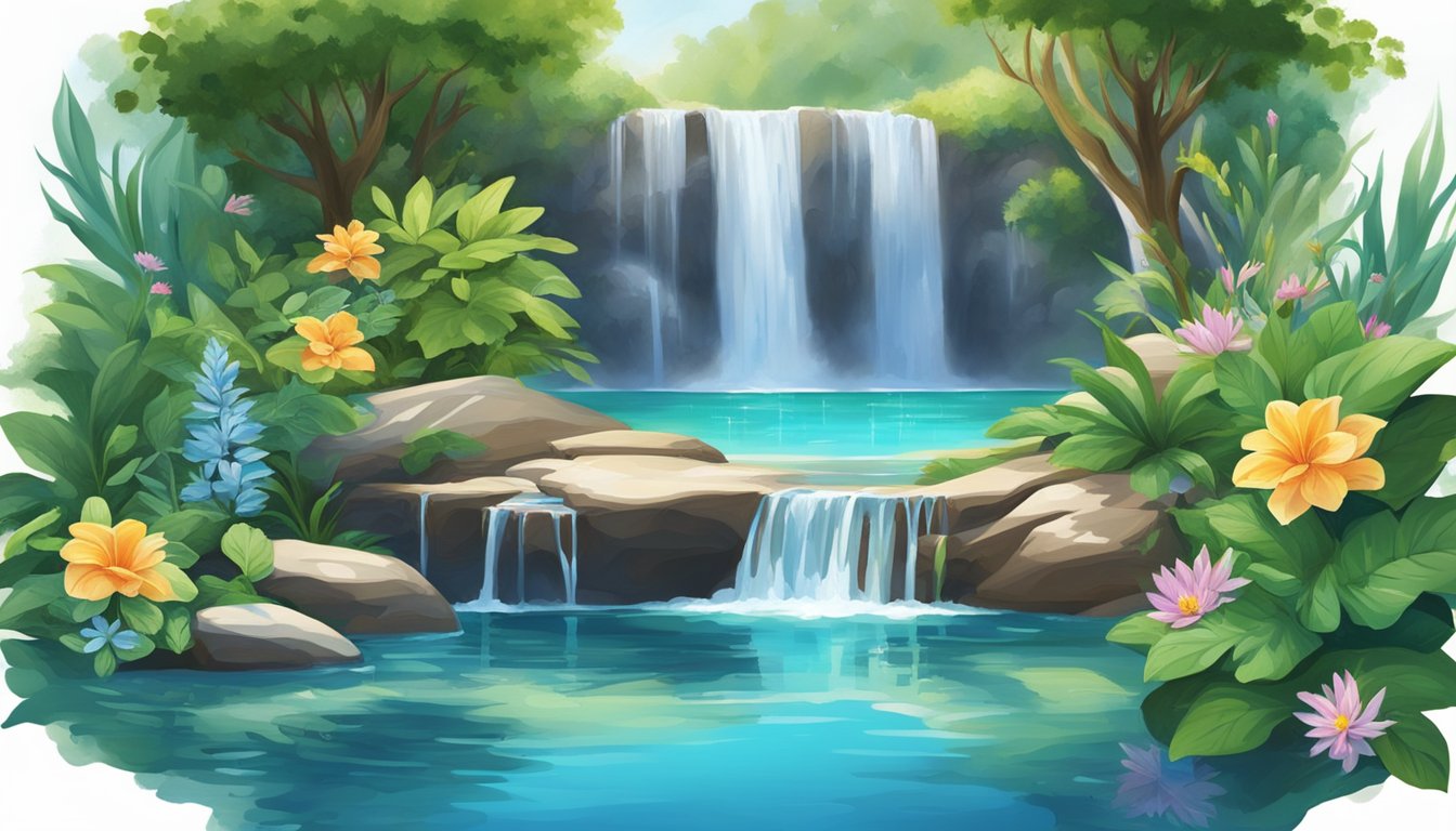 A serene waterfall cascades into a crystal-clear pool, surrounded by lush green foliage and colorful flowers, showcasing the purity and natural beauty of Aqua: Nature's Hydration water brand