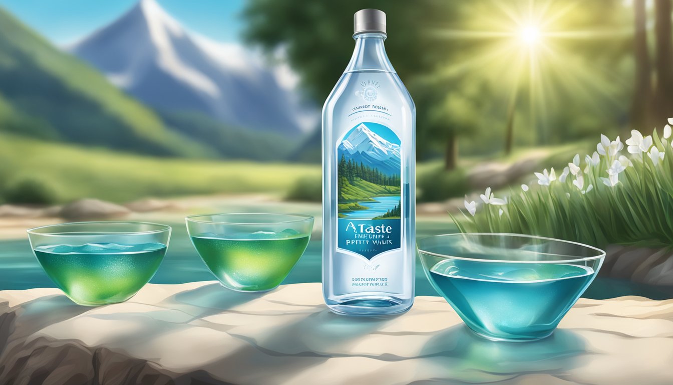 A pristine mountain spring flows into clear, glass bottles labeled "A Taste of Purity" aqua water brand. The sunlight glints off the water, highlighting its purity