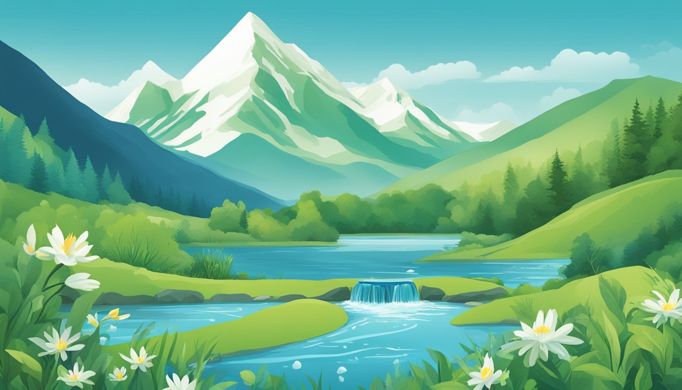 A clear mountain spring flows into a blue, recyclable bottle labeled "Aqua Water Brand." A lush green landscape surrounds the scene, emphasizing sustainability