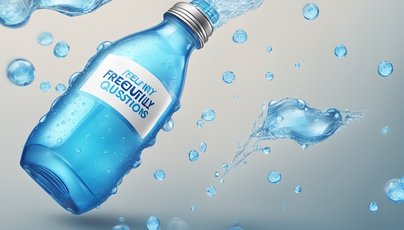 A clear blue water bottle with "Frequently Asked Questions" label surrounded by water droplets
