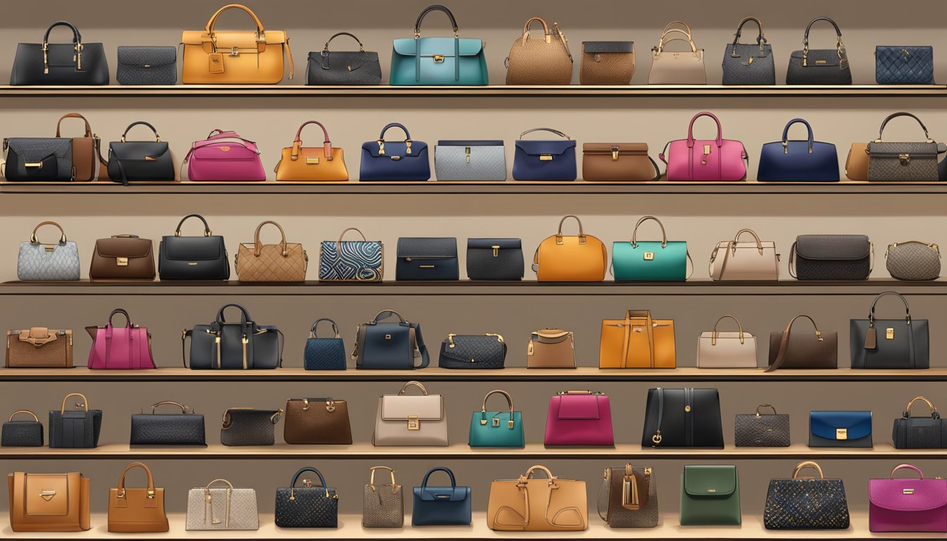 Luxury designer bags arranged on a sleek display shelf, each brand logo prominently visible