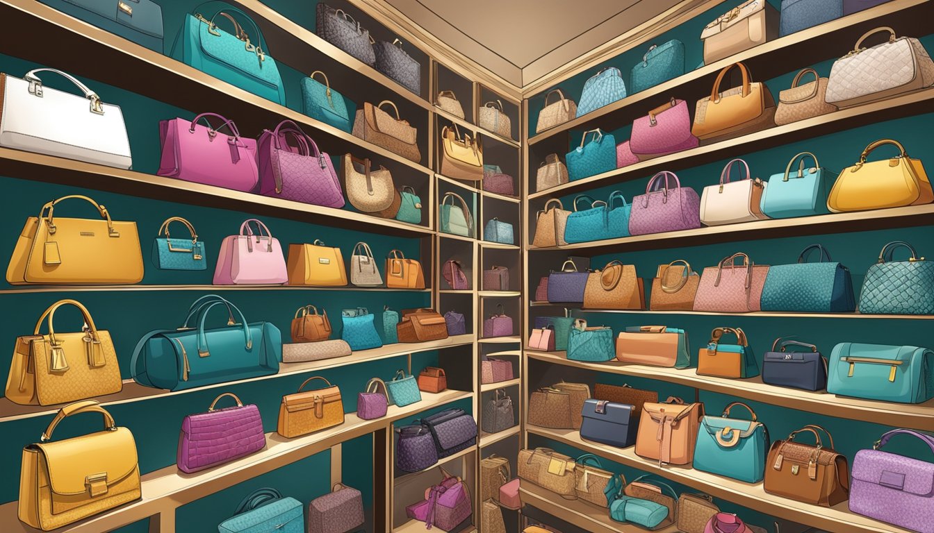 A collection of designer bags displayed on shelves, showcasing various brands and styles. Bright lighting highlights the luxurious materials and intricate designs
