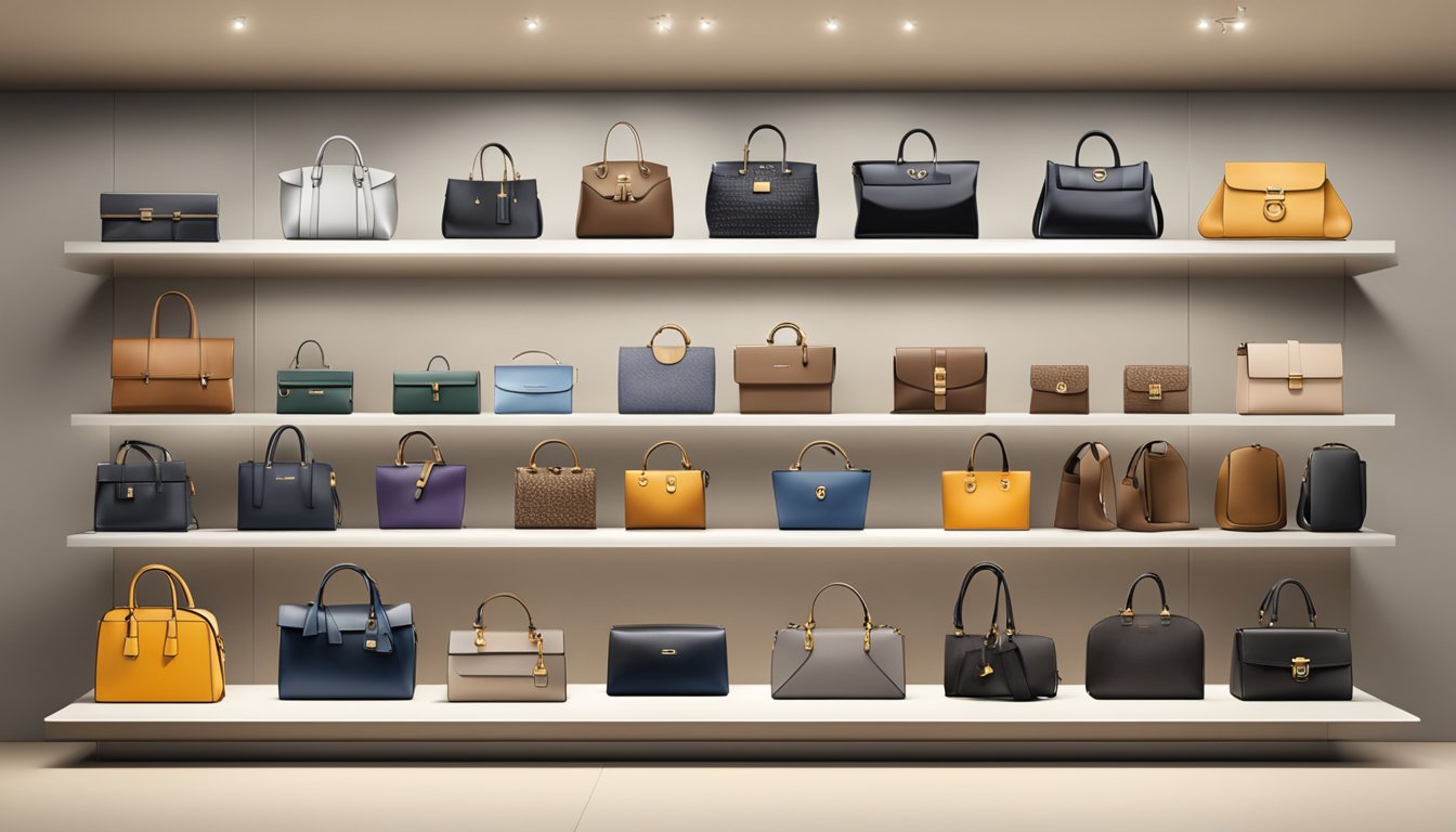 Luxury bags displayed on a sleek, minimalist shelf in a high-end boutique. Each brand's logo is prominently featured, and the bags are arranged in a visually appealing manner