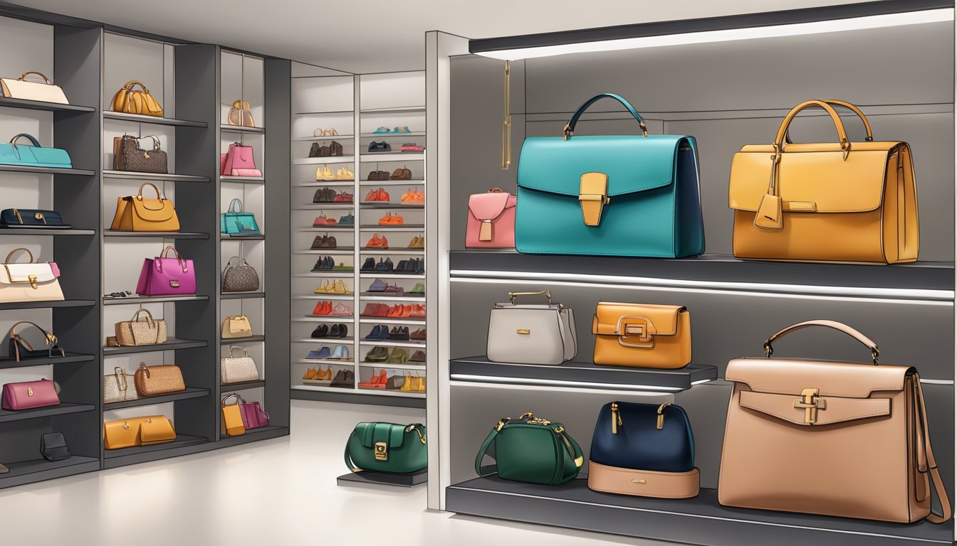 A display of designer bags from various brands arranged on shelves and pedestals, showcasing different styles, colors, and materials