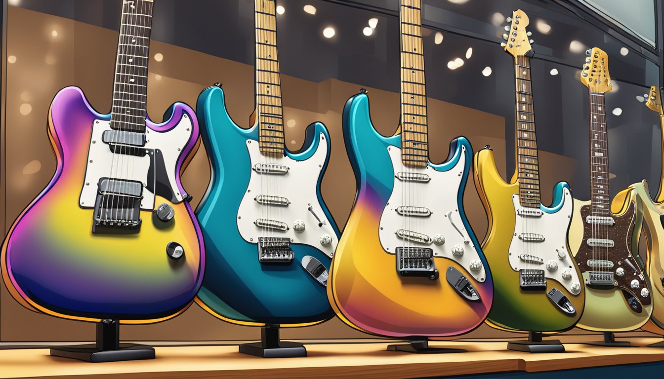 An array of iconic Australian electric guitar brands displayed in a music shop window