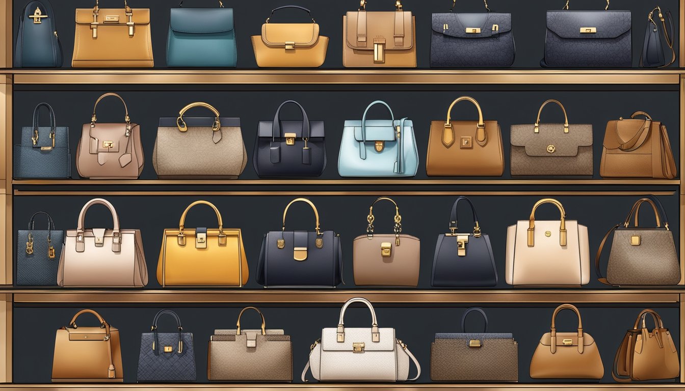 Luxury handbags displayed on shelves, with elegant branding and sophisticated designs. A focus on quality materials and craftsmanship exudes prestige and exclusivity