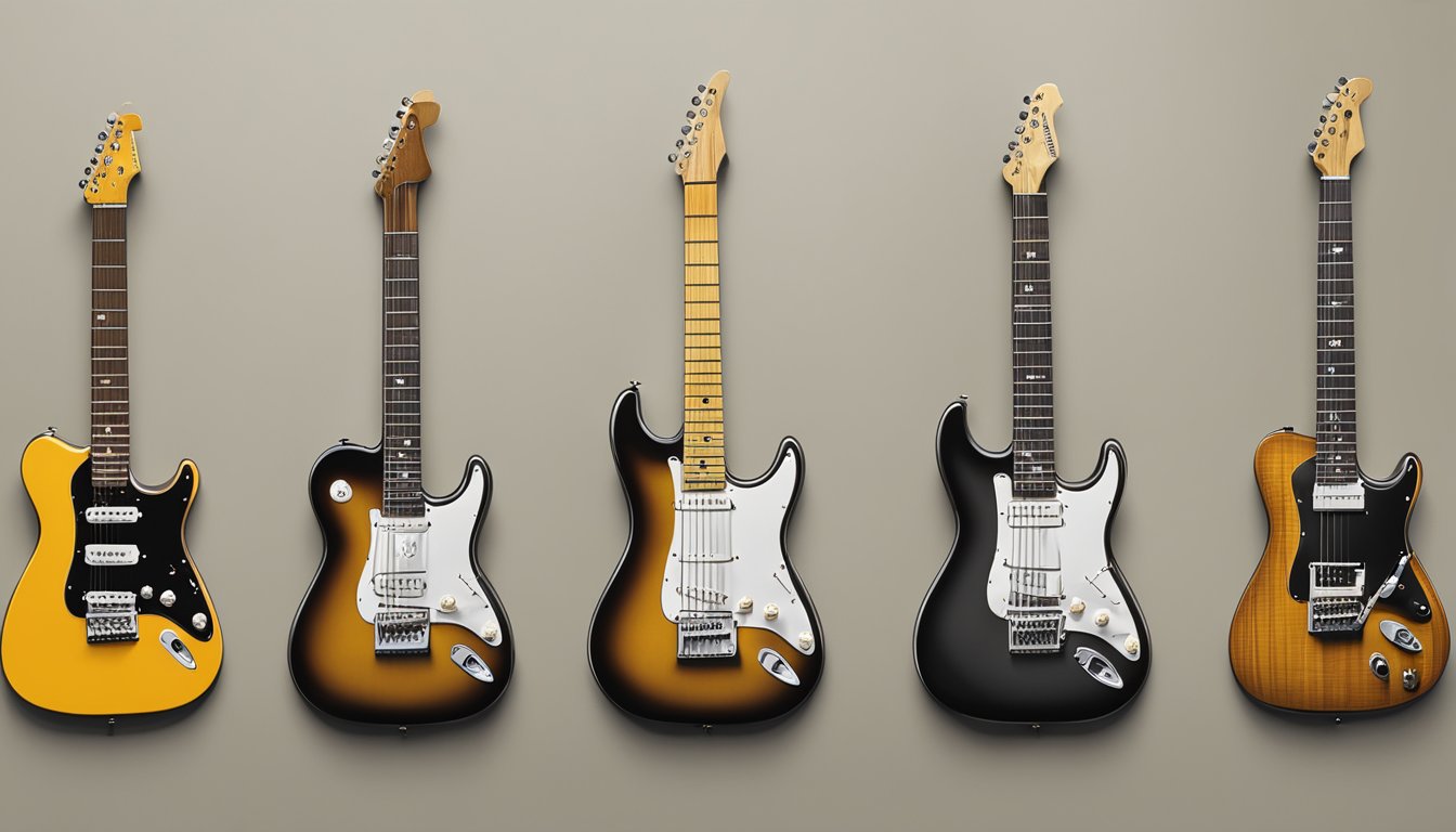 A lineup of iconic Australian electric guitar brands displayed on a wall, showcasing their unique designs and craftsmanship