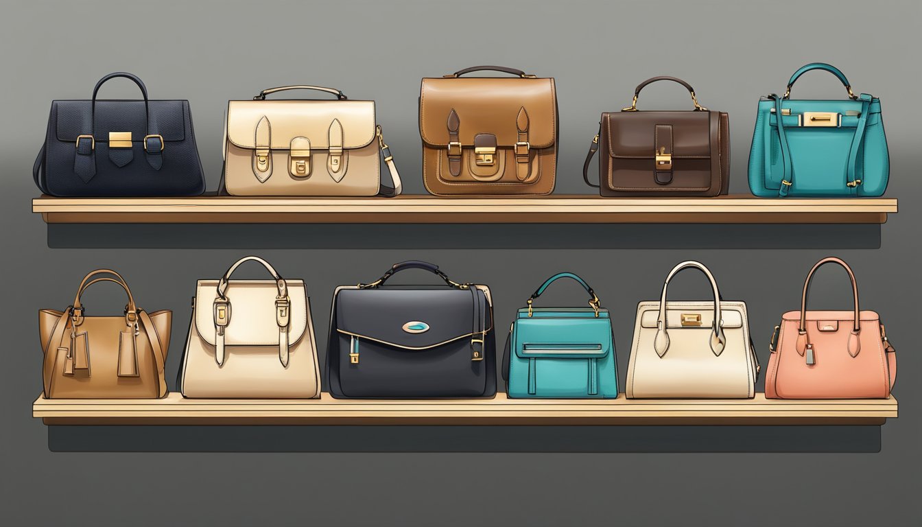 A collection of designer bags displayed on a sleek, modern shelf, each representing a unique personal style and suitable for various occasions