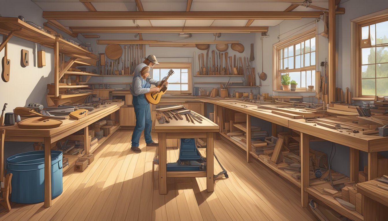 A workshop filled with tools and wood, as a skilled craftsman meticulously assembles an Australian electric guitar with precision and care