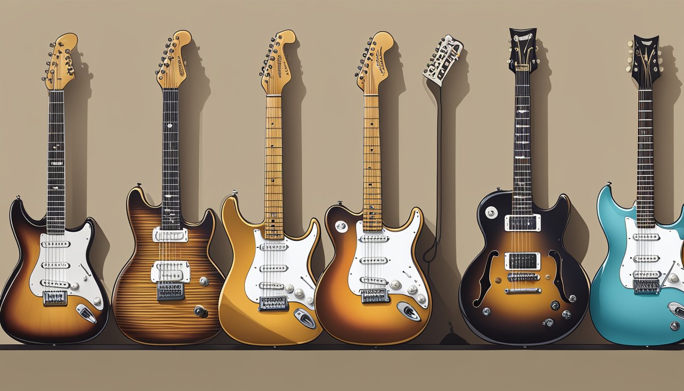 A lineup of iconic Australian electric guitar brands displayed on a stage with spotlights shining down, creating a dramatic and dynamic scene for an illustrator to recreate