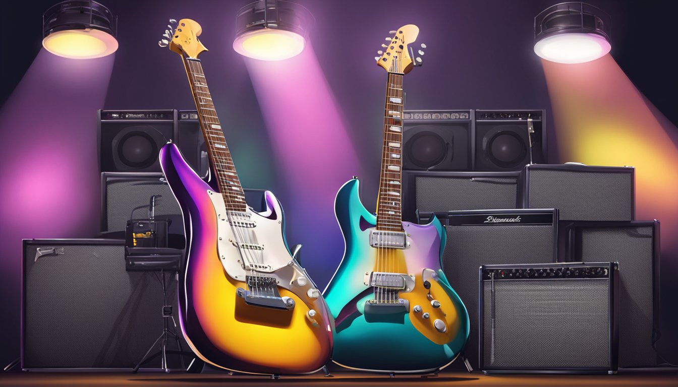 An Australian electric guitar sits on a stage, surrounded by amplifiers and music stands. The spotlight highlights the sleek design and vibrant colors of the instrument