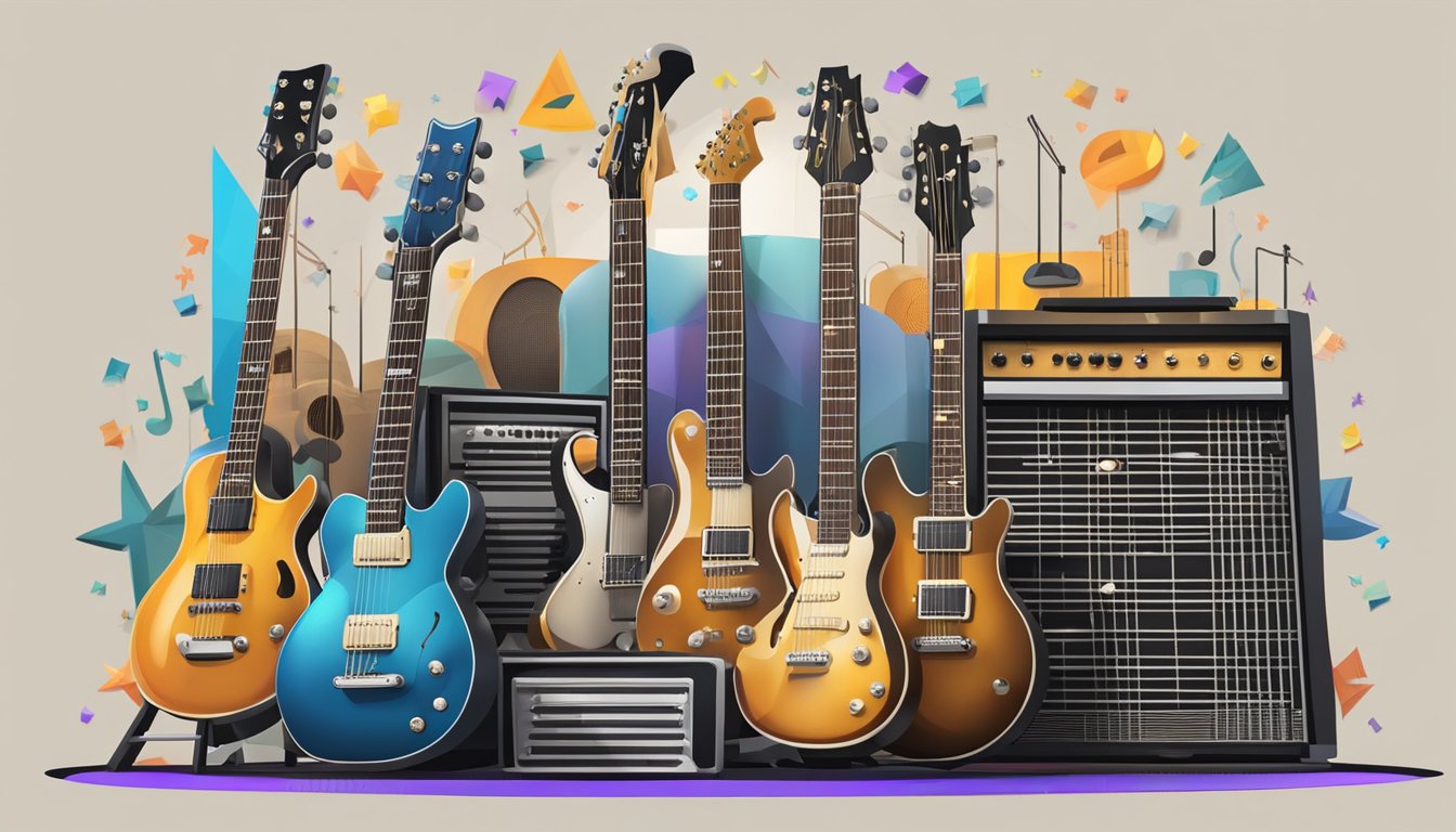 An Australian electric guitar stands on a stage surrounded by various music genre symbols
