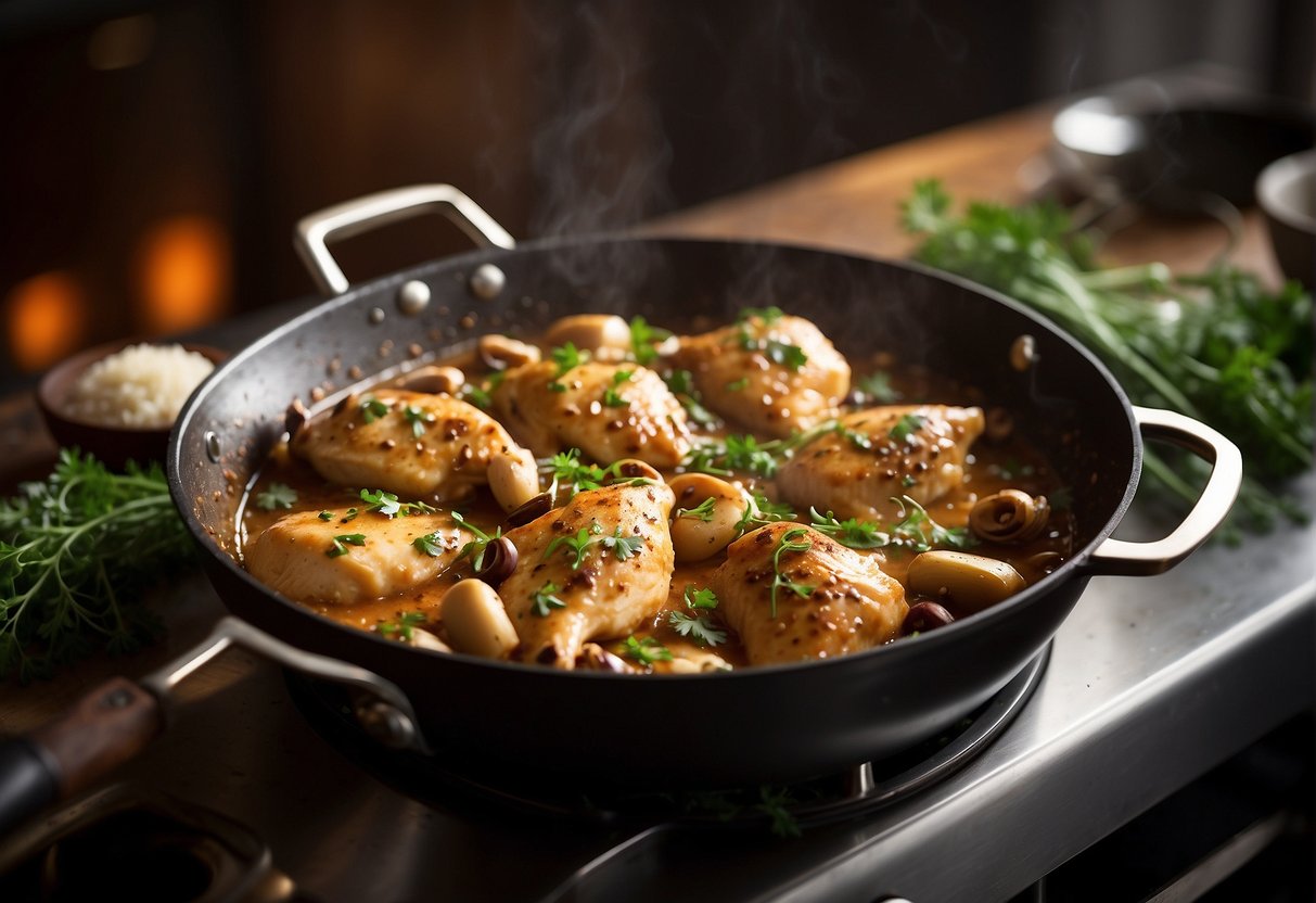 A sizzling pan of golden-brown chicken marsala simmering in a rich, savory sauce, surrounded by fresh herbs and spices on a clean, well-lit kitchen counter