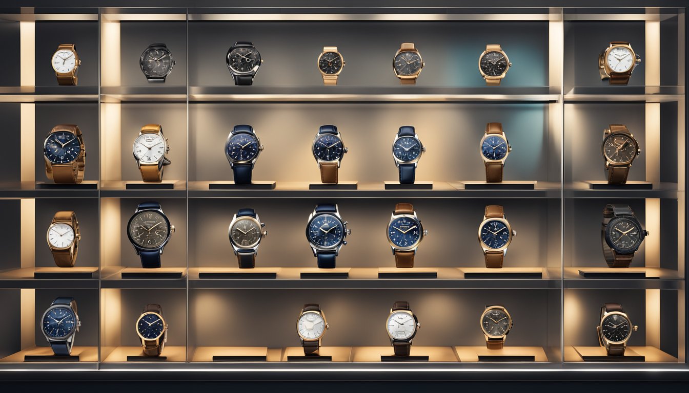 A collection of aviator watch brands displayed on a sleek, modern showcase with soft lighting, highlighting their intricate designs and precision craftsmanship