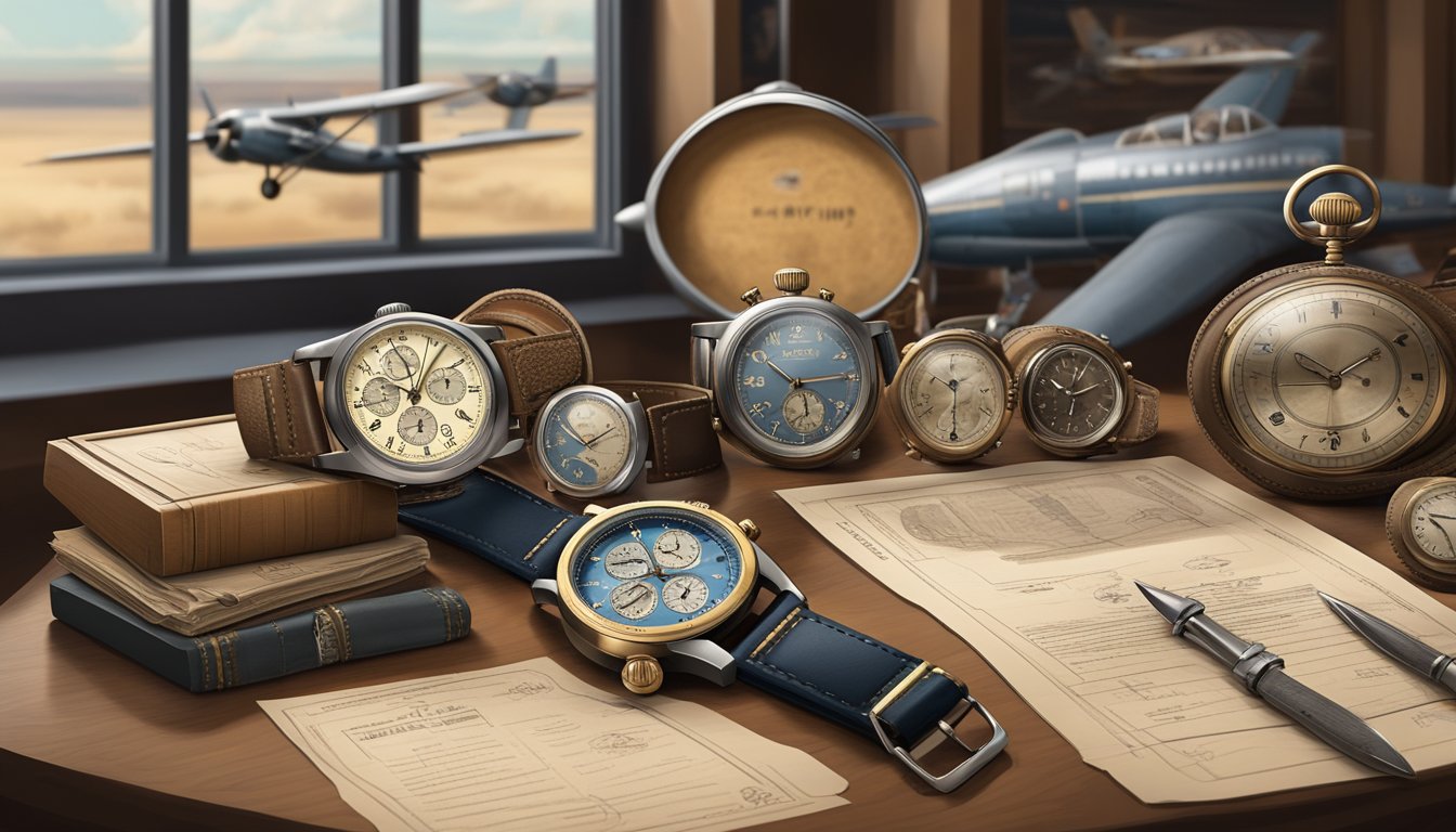 Aviator watches displayed in a museum exhibit, surrounded by vintage aviation artifacts and historical documents