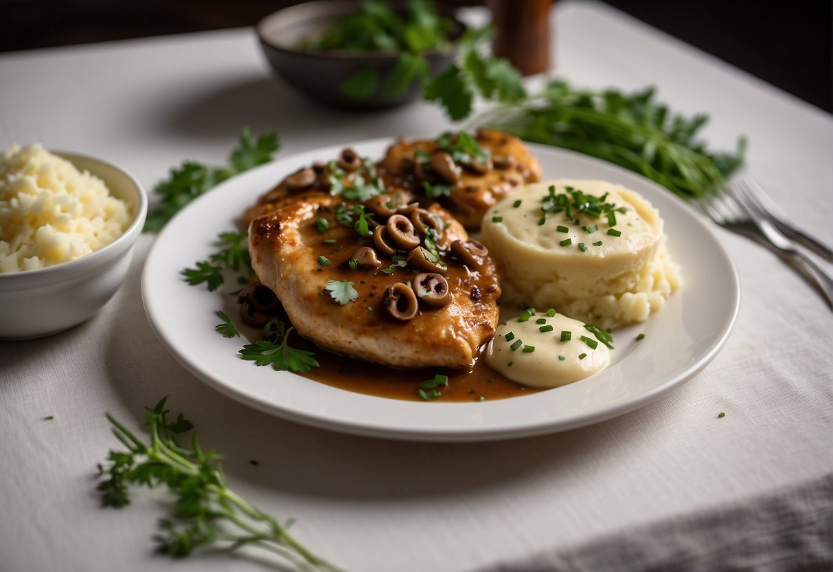 A plate of chicken marsala sits on a white table, garnished with fresh herbs and a side of creamy mashed potatoes