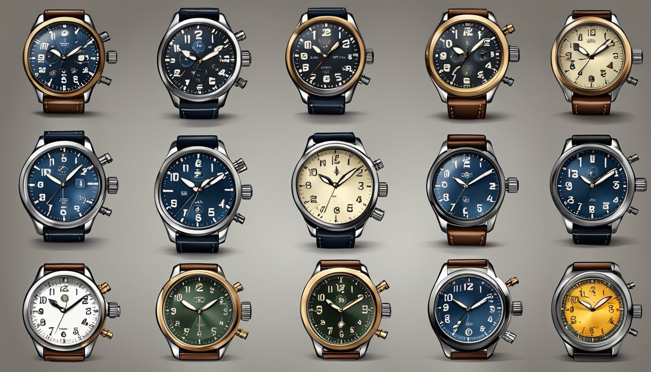 A collection of aviator watches displayed on a sleek, metallic surface, with intricate dials, large numerals, and rugged leather or metal bands