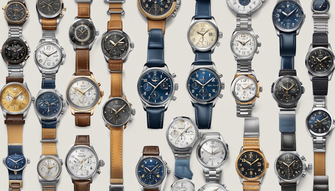 A table displaying top aviator watch brands with their iconic models arranged neatly for illustration