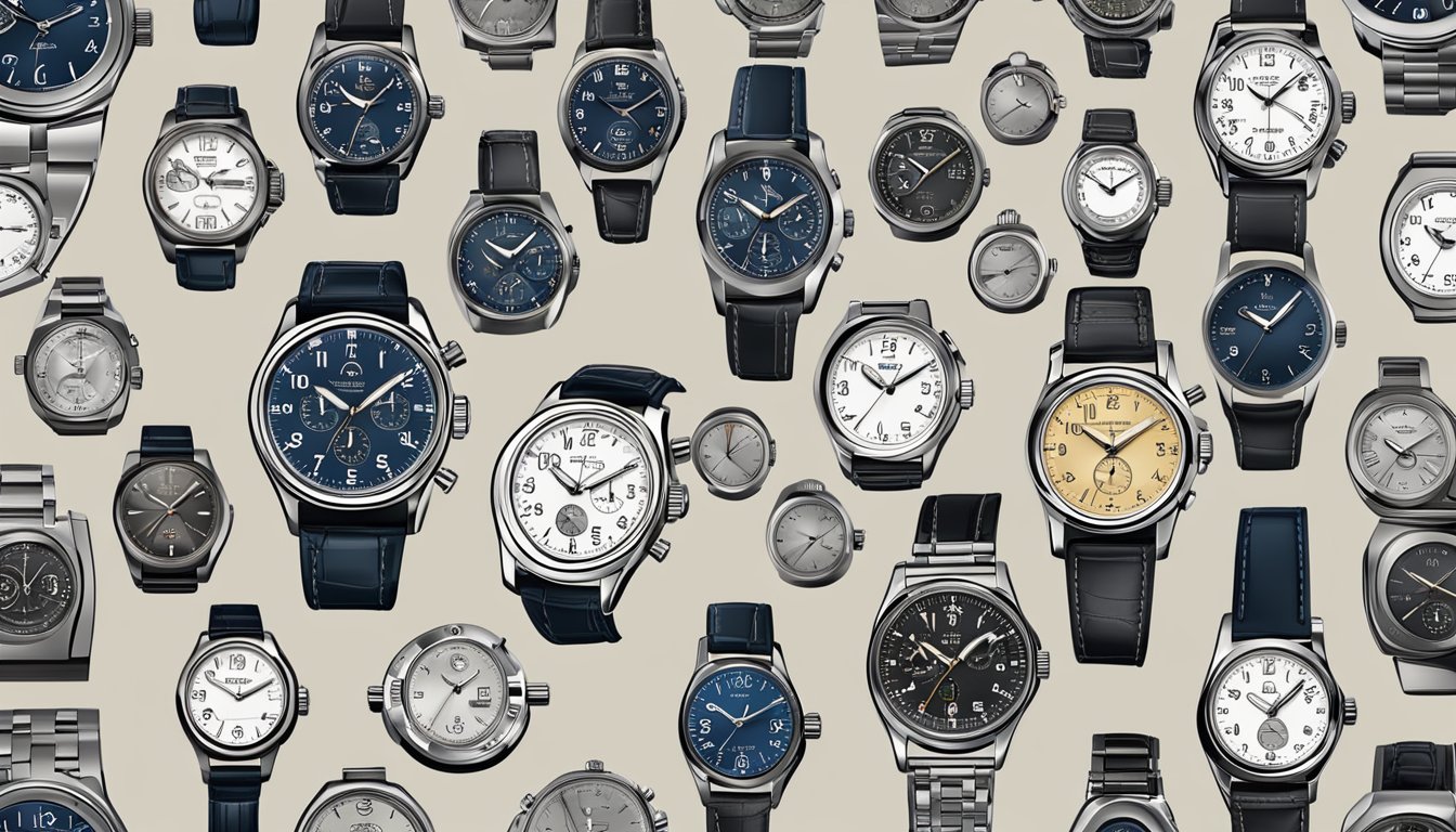 A hand reaches for a display of aviator watches, each brand carefully labeled. The watches are sleek and stylish, with various features and designs to choose from