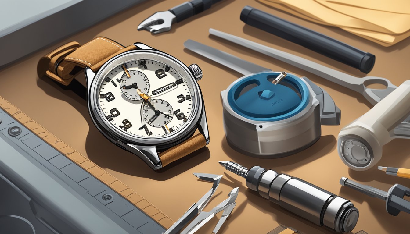 An aviator watch sits on a clean, well-lit workbench. A small screwdriver and soft cloth are nearby, ready for care and maintenance