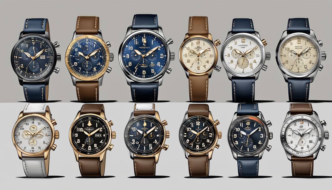 An array of aviator watches displayed on a sleek, modern counter. Each watch is meticulously crafted with intricate details and precision, showcasing the top brands in the industry