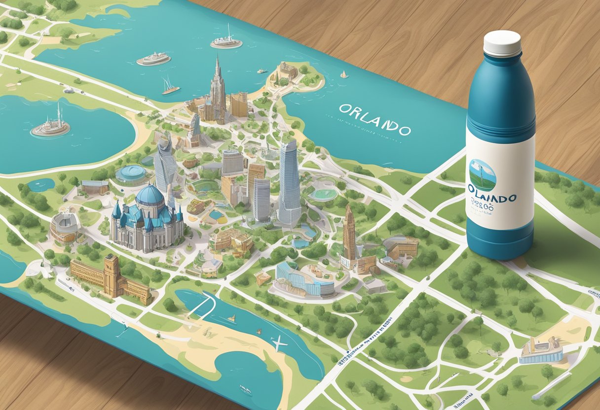 A map of Orlando's landmarks lays open on a table, with a pair of comfortable walking shoes and a water bottle nearby