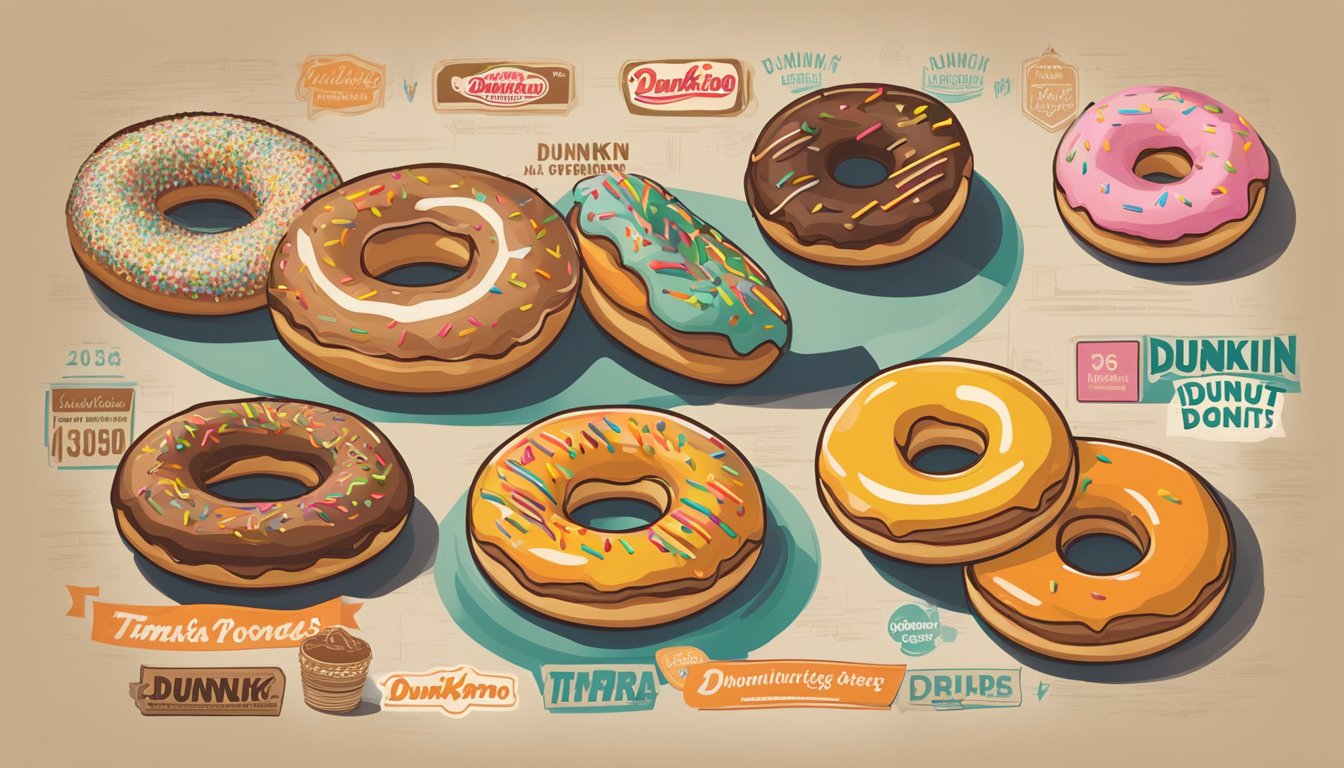 A display of vintage donut brand logos, including Dunkin' Donuts, Krispy Kreme, and Tim Hortons, with a timeline of their founding years