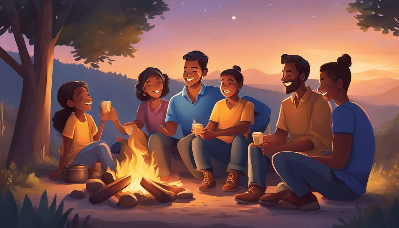A family sitting around a campfire, sharing stories and laughter, creating a warm and welcoming atmosphere. The glow of the fire illuminates their faces, highlighting their emotional connections