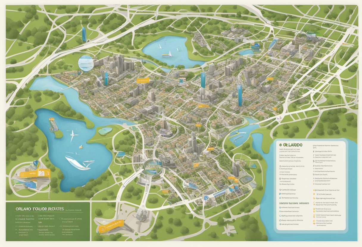 A map of Orlando with highlighted walking routes, comfortable shoes, a water bottle, and a camera ready for self-guided tour preparation