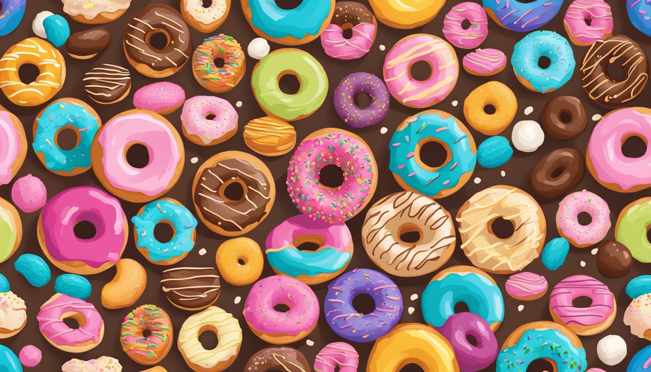 A colorful display of iconic donut flavors and fillings, showcasing a variety of delicious options from popular donut brands