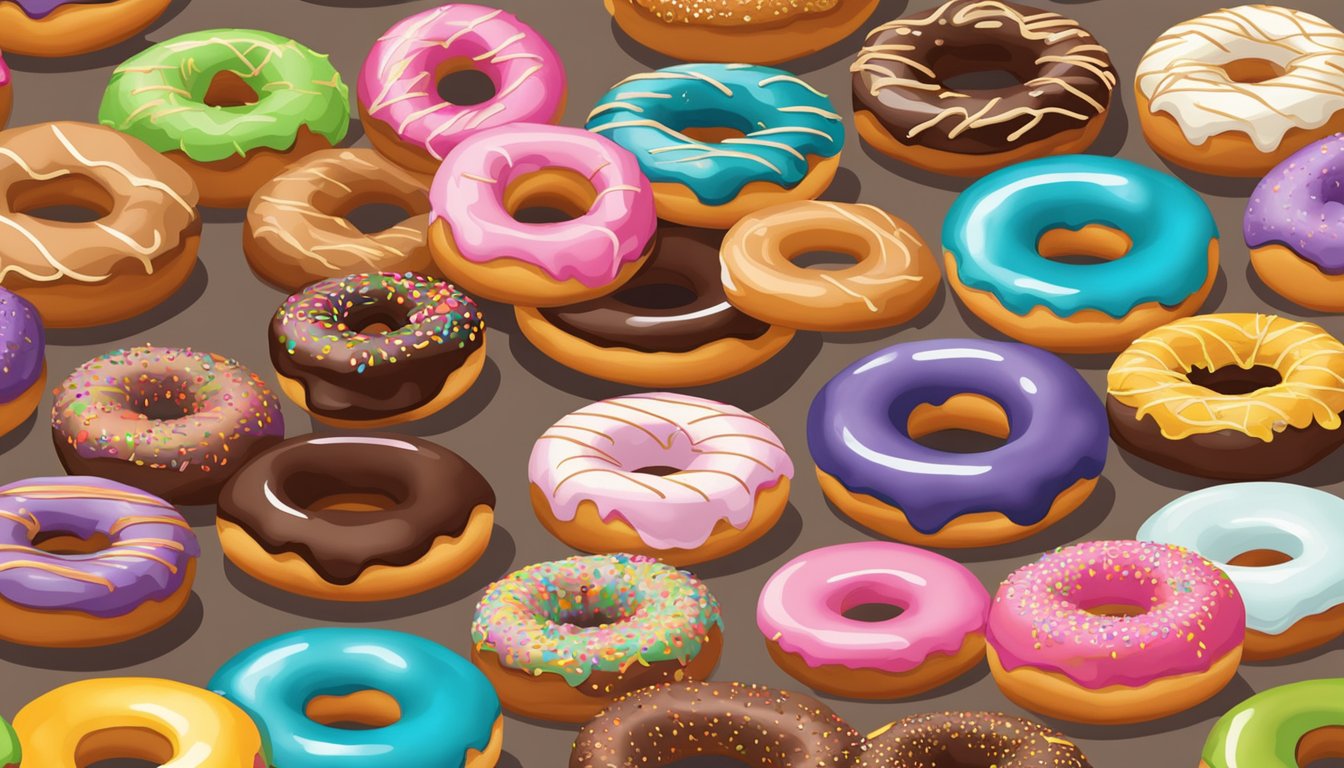 A variety of donut brands are displayed on a table, with labels indicating health and dietary considerations