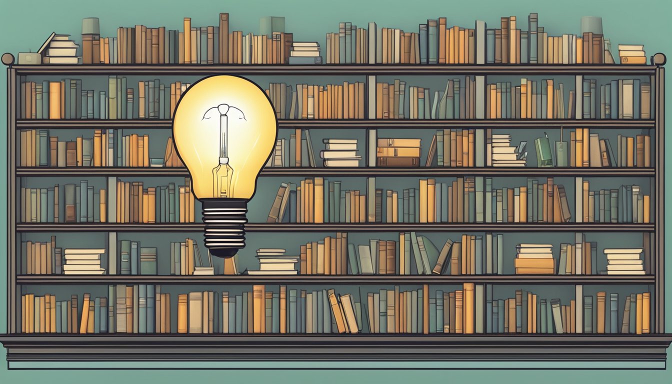 A bookshelf with neatly organized FAQ manuals and a glowing lightbulb symbolizing clarity and understanding