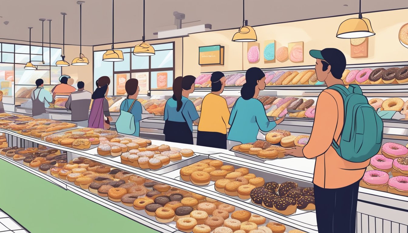 Customers buying and savoring various donut brands at a bustling bakery counter. Colorful displays of glazed, sprinkled, and filled donuts attract eager patrons