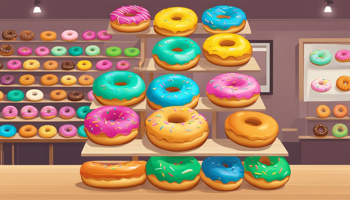A colorful display of donut brands with a sign reading "Frequently Asked Questions" above them. The donuts are arranged neatly on a table or shelf, showcasing their variety and tempting appearance