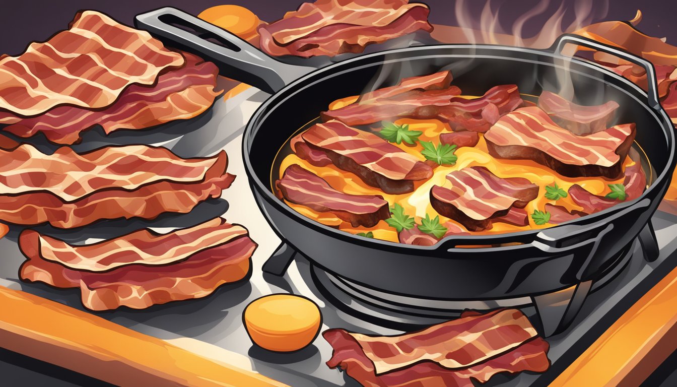 A sizzling skillet with various bacon brands cooking over a hot flame