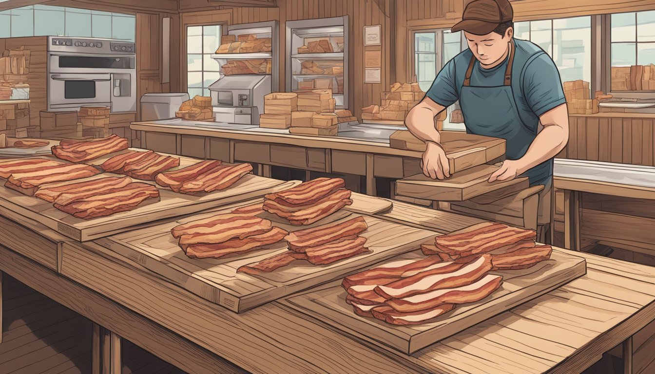 A table holds various bacon packages: thick-cut, applewood-smoked, maple-flavored. A hand reaches for a package labeled "artisanal."