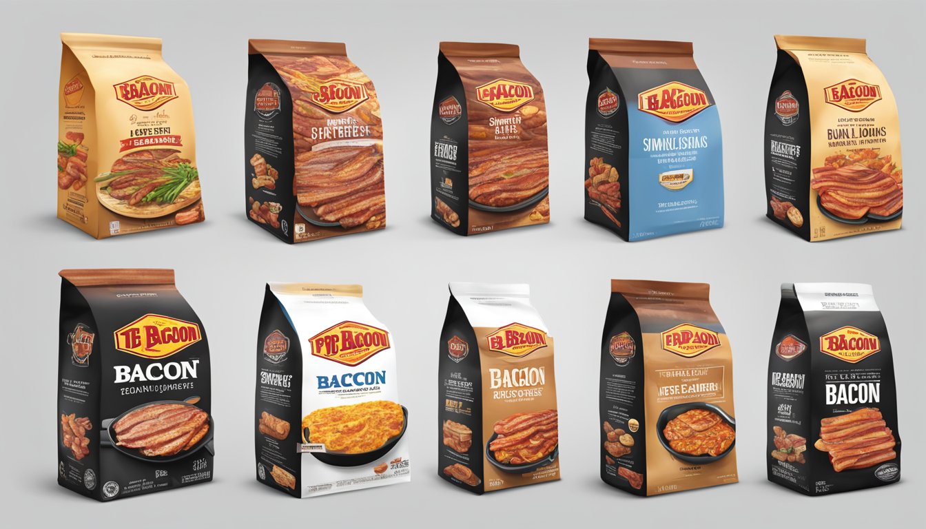 A sizzling skillet holds various packages of Top Bacon Brands, arranged neatly with their logos facing forward