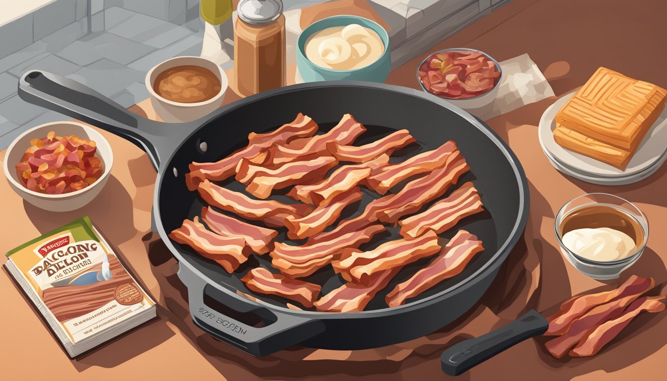 Bacon sizzling in a hot skillet, surrounded by various recipe books and cooking utensils. Different brands of bacon packages are displayed on the counter