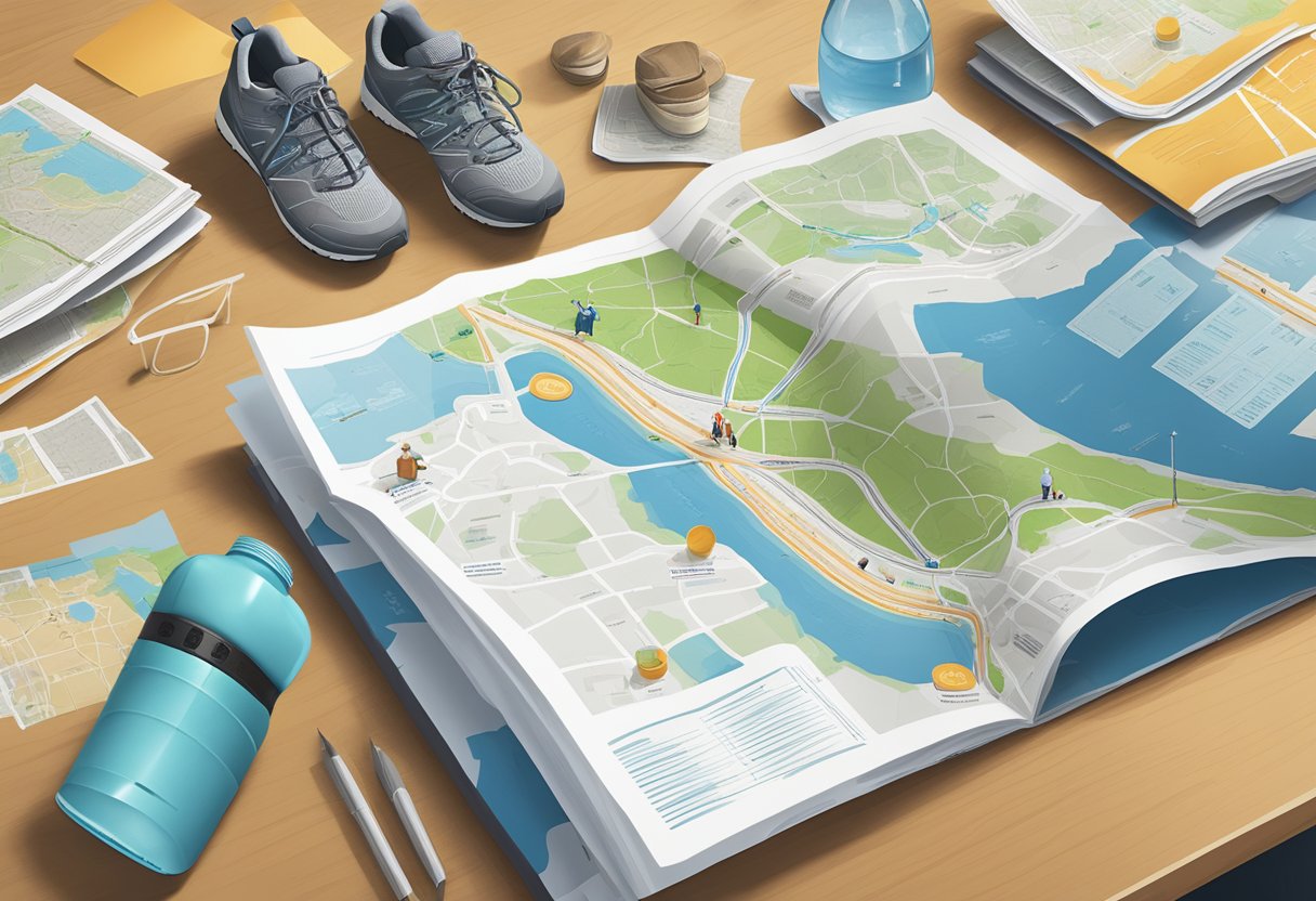 Tour brochures and maps spread out on a table, with landmarks and routes highlighted. A pair of walking shoes and a water bottle nearby