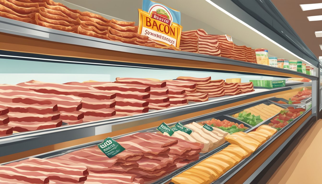 A sizzling bacon strip with a label of "Health and Nutrition" stands out among other bacon brands on a grocery store shelf