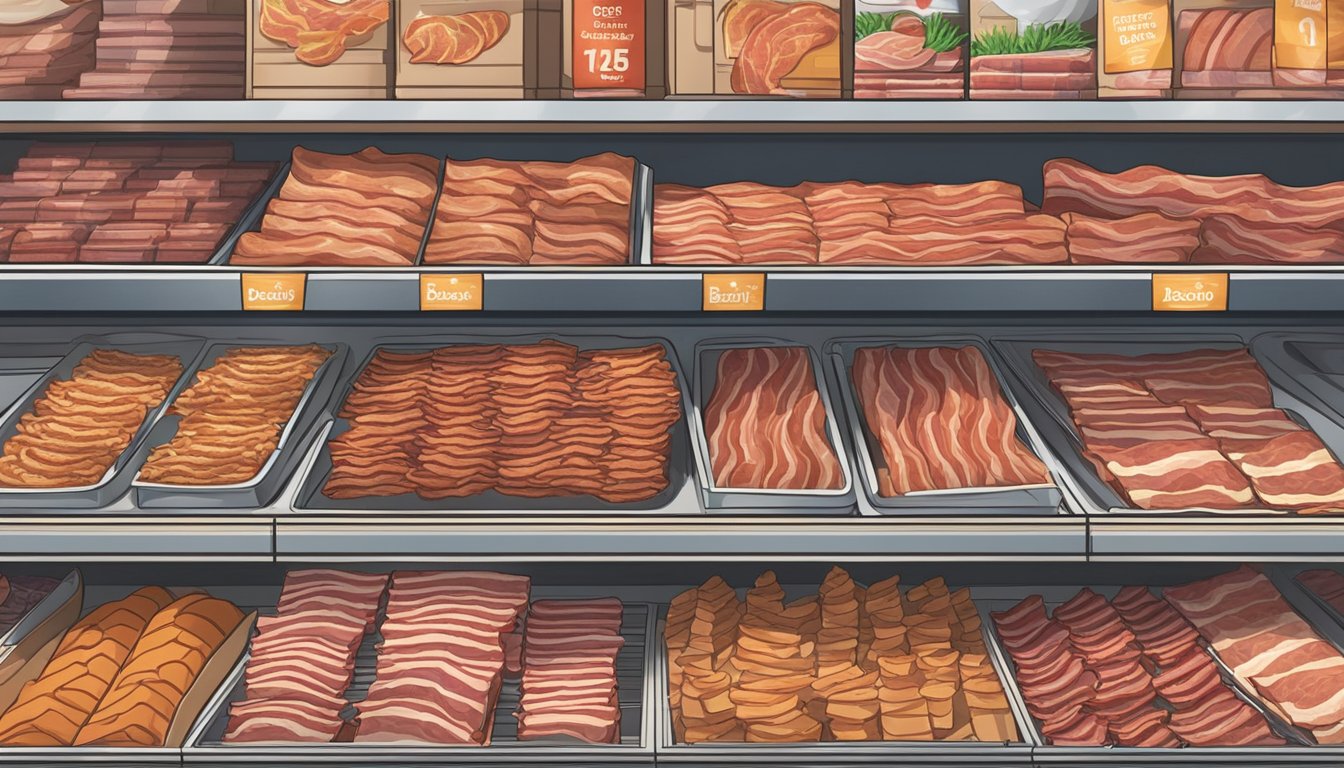A hand reaches for a package of bacon on a supermarket shelf, next to neatly organized rows of various bacon brands