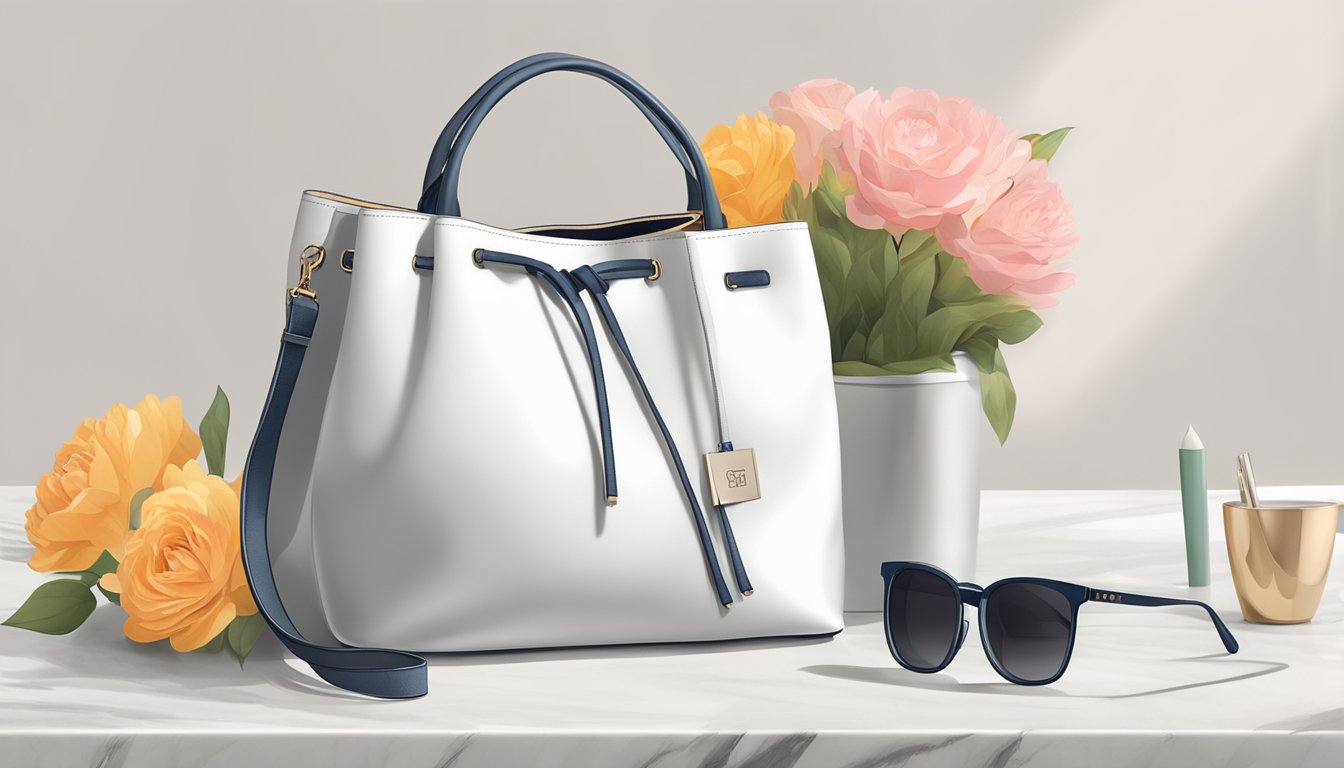 A branded bucket bag sits on a marble countertop with a bouquet of flowers spilling out, next to a pair of sunglasses and a small notebook