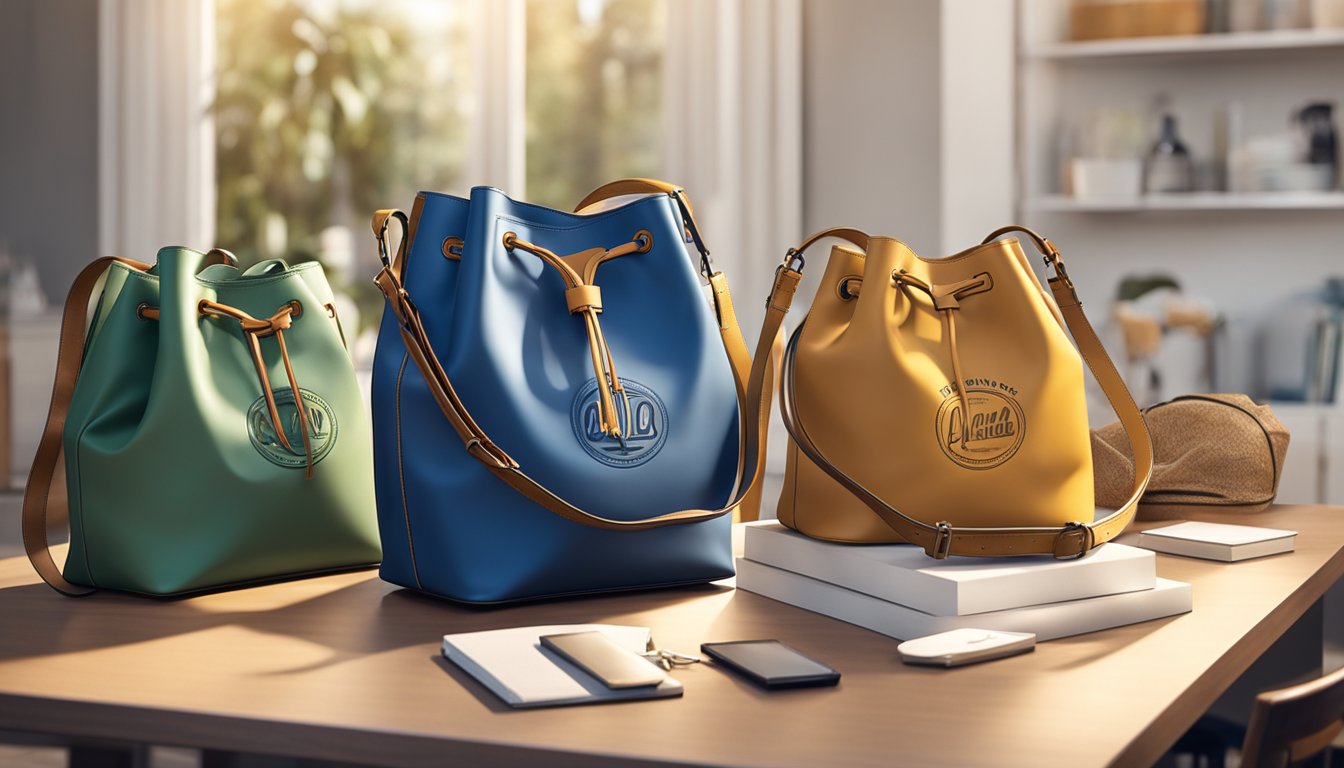 A branded bucket bag sits on a table, surrounded by vintage bucket bags. Light shines on the modern bag, highlighting its sleek design and logo